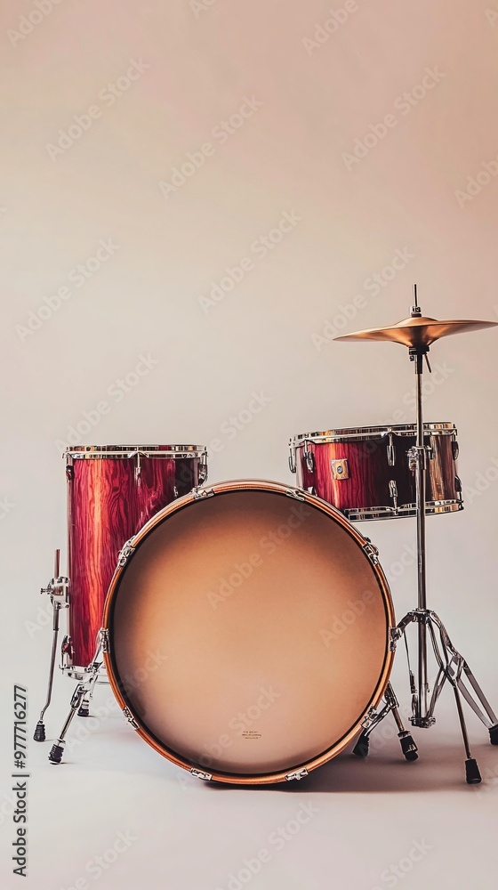 An isolated view of a bass drum with a striking finish, positioned on a plain light color background to highlight its form An isolated view of a bass drum with a striking finish, positioned on a plain light color background to highlight its form