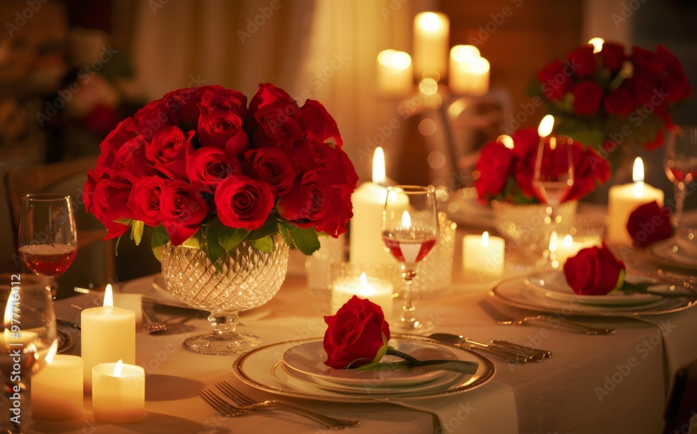 Generative-AI, Romantic Candlelit Dinner Setting with Red Roses Bouquet in a Vase Generative-AI, Romantic Candlelit Dinner Setting with Red Roses Bouquet in a Vase