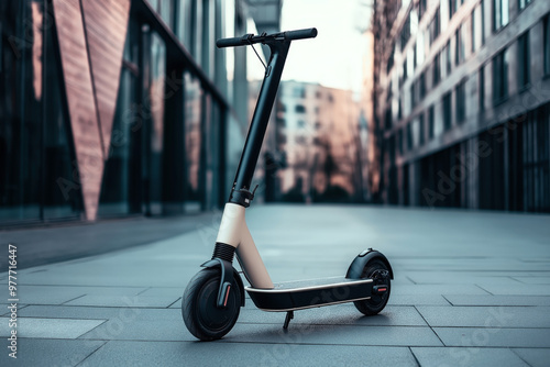 Image of a modern electric scooter mockup positioned on a smooth urban pavement path. The setting includes contemporary buildings, suggesting a city environment.