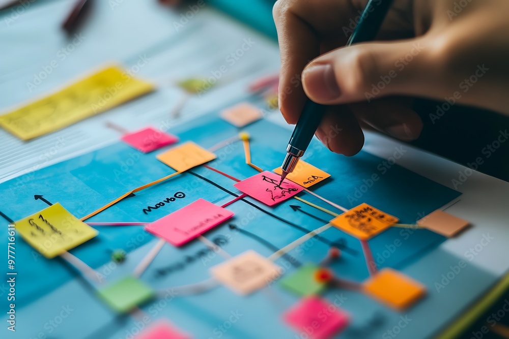 Hand drawing mind map with colorful sticky notes on blue background Hand drawing mind map with colorful sticky notes on blue background