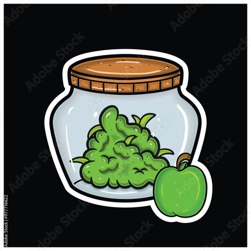 Green Apple Fruit Flavor With Cartoon Mascot of Weed Bud On Jar. For Sticker and label.