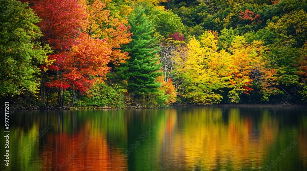 A tranquil lake reflecting the vibrant colors of autumn leaves, surrounded by lush trees A tranquil lake reflecting the vibrant colors of autumn leaves, surrounded by lush trees