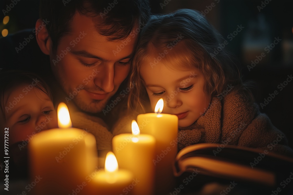 A heartwarming scene of a father and his two young children reading together by the soft glow of candles. A heartwarming scene of a father and his two young children reading together by the soft glow of candles.