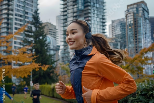 Runner in orange jacket with earphones gives thumbs-up on a city park path at dusk.