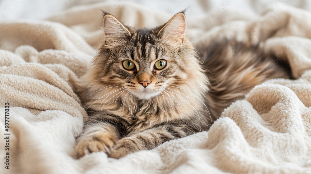 A fluffy American cat lounging on a soft blanket, with bright eyes and a serene expression, light solid color background A fluffy American cat lounging on a soft blanket, with bright eyes and a serene expression, light solid color background
