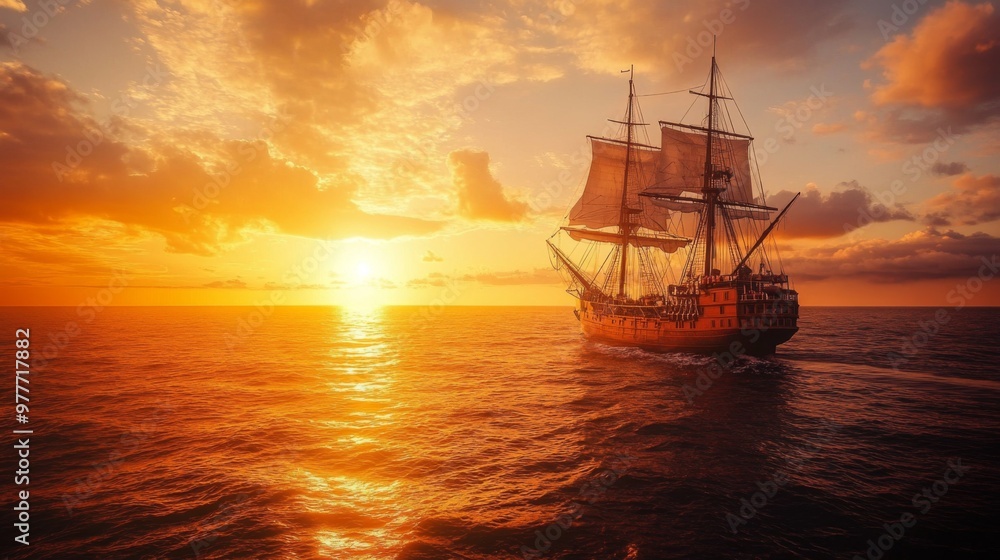A majestic large ship sailing across the vast ocean, with the sun setting in the background, casting a warm golden glow over the water and vessel. A majestic large ship sailing across the vast ocean, with the sun setting in the background, casting a warm golden glow over the water and vessel.