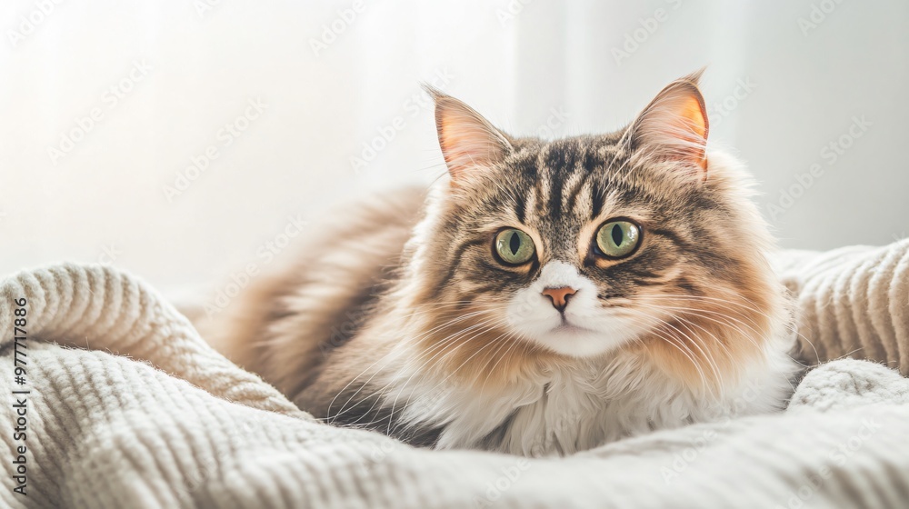 A fluffy American cat lounging on a soft blanket, with bright eyes and a serene expression, light solid color background A fluffy American cat lounging on a soft blanket, with bright eyes and a serene expression, light solid color background