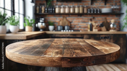 Empty wooden round table top on a blurred kitchen interior background for product display montage, closeup. Space mock-up, high-definition, photo-realistic, ultra-realistic.
