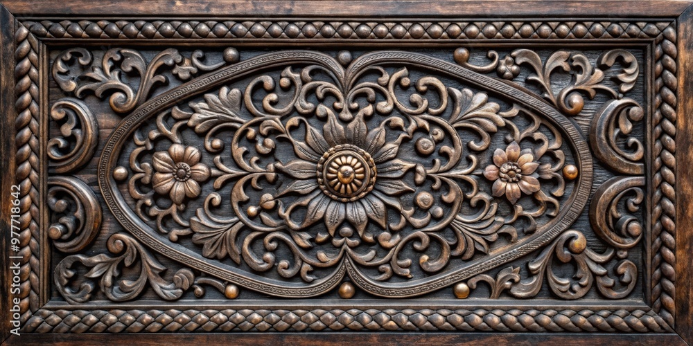 High resolution photo of hammered carved black wood with intricate details High resolution photo of hammered carved black wood with intricate details