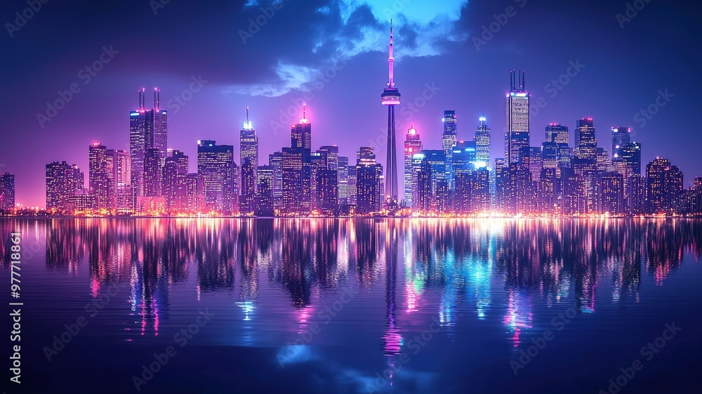 A stunning city skyline at night, showcasing vibrant lights reflecting on water. scene captures essence of urban life with colorful display of skyscrapers and serene atmosphere A stunning city skyline at night, showcasing vibrant lights reflecting on water. scene captures essence of urban life with colorful display of skyscrapers and serene atmosphere