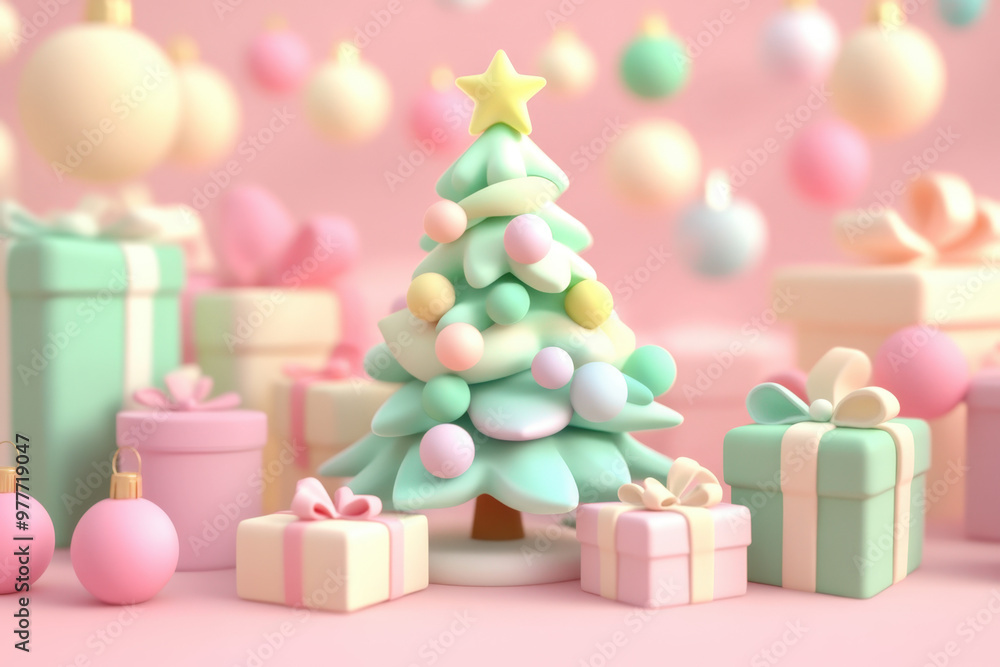 cute pastel christmas tree surrounded by gifts and ornaments, conveying a festive atmosphere cute pastel christmas tree surrounded by gifts and ornaments, conveying a festive atmosphere