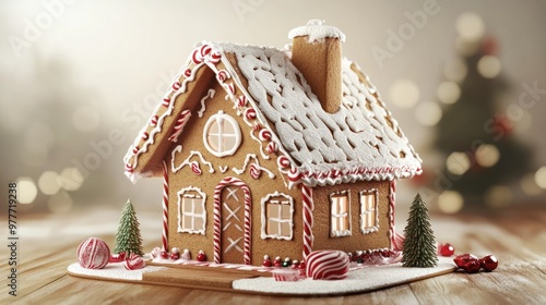 A cute Christmas gingerbread house, beautifully decorated with sweet icing. Christmas baking concept.