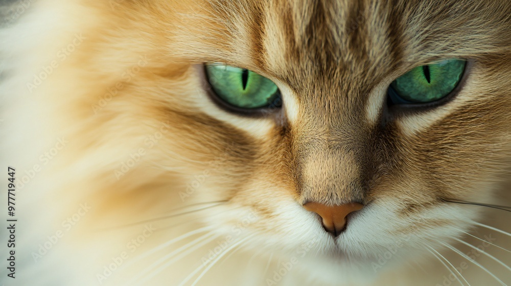 A close-up of a longhair cat with striking green eyes, framed by its flowing coat against a light pastel background A close-up of a longhair cat with striking green eyes, framed by its flowing coat against a light pastel background