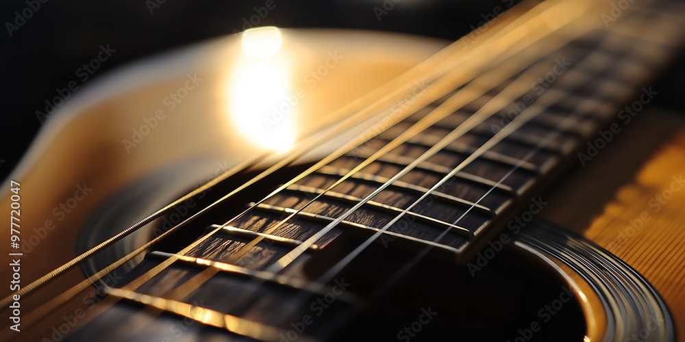 Fototapeta premium Detailed close-up focusing on the strings and wooden body of an acoustic guitar, illuminated by warm lighting.