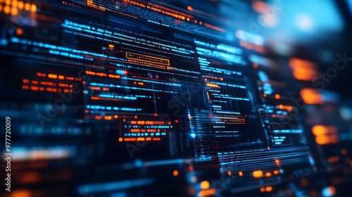 Programming or software development abstract concept. Overhead view of a laptop screen featuring business icons, programming languages, or code snippets. Technology banner for a software development.