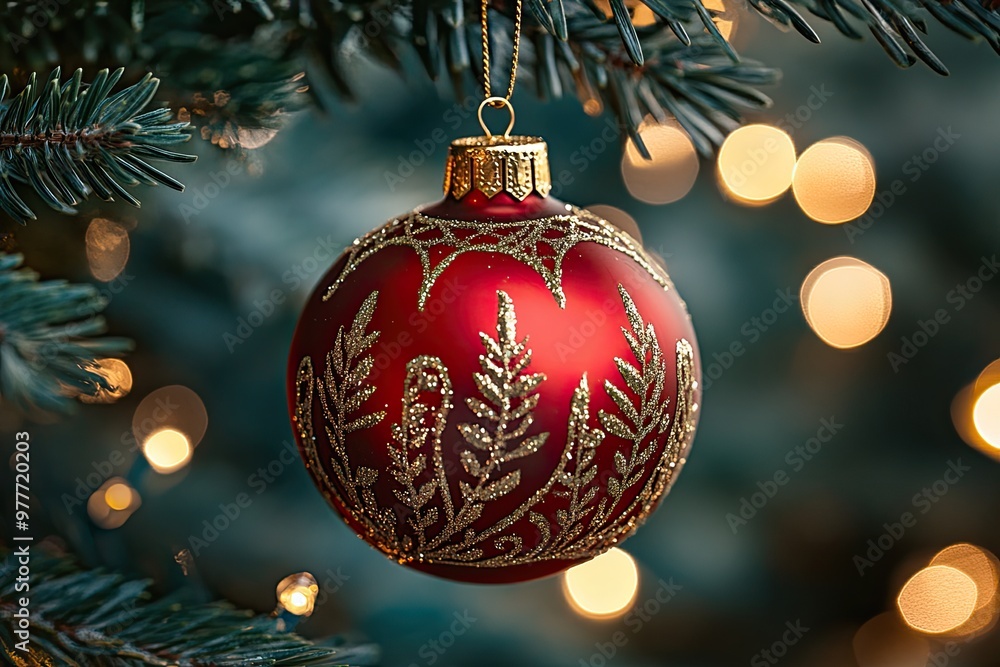 A close-up of the red Christmas ornament hanging on an tree, adorned with golden decorations and lights, creating a festive atmosphere. A close-up of the red Christmas ornament hanging on an tree, adorned with golden decorations and lights, creating a festive atmosphere.