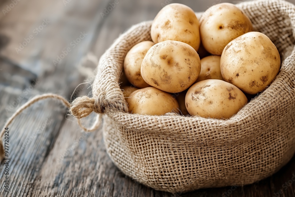 A burlap sack filled with fresh, round potatoes placed on a textured wooden surface, offering a rustic and earthy vibe. A burlap sack filled with fresh, round potatoes placed on a textured wooden surface, offering a rustic and earthy vibe.
