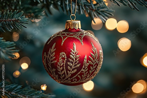 A close-up of the red Christmas ornament hanging on an tree, adorned with golden decorations and lights, creating a festive atmosphere.