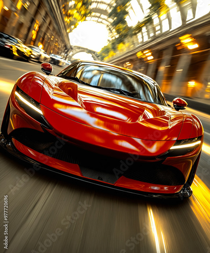 A red sports car driving down a city street at night