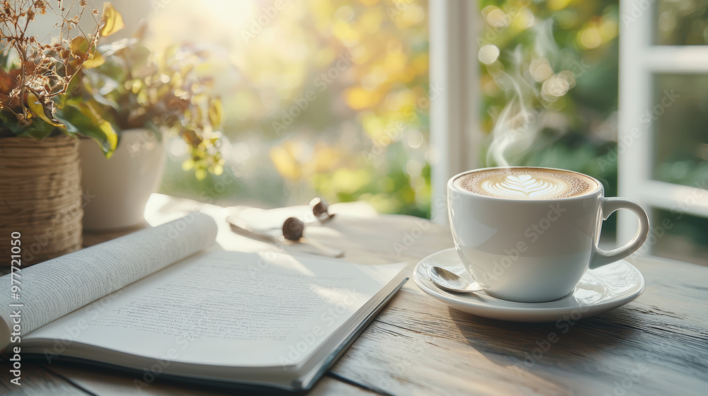 A steaming cup of coffee sits on a wooden table beside an open book, near a window with greenery outside. A steaming cup of coffee sits on a wooden table beside an open book, near a window with greenery outside.