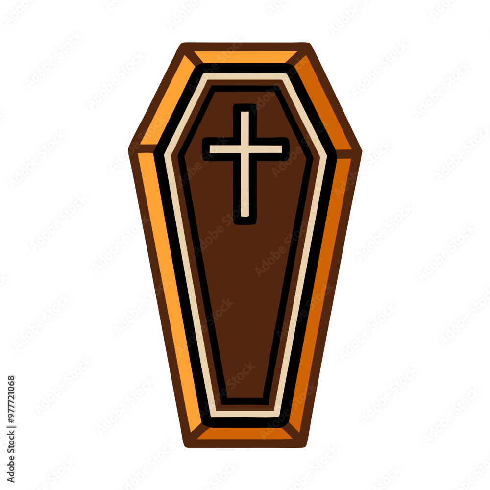 A wooden coffin with a cross on top of it. The coffin is brown and has a wooden frame A wooden coffin with a cross on top of it. The coffin is brown and has a wooden frame