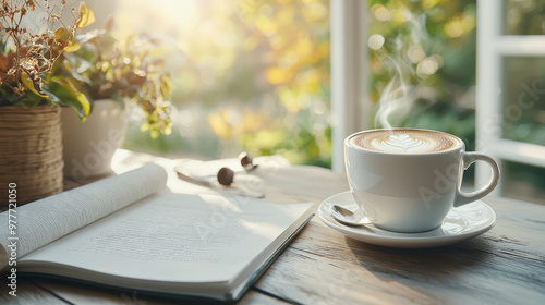 A steaming cup of coffee sits on a wooden table beside an open book, near a window with greenery outside.