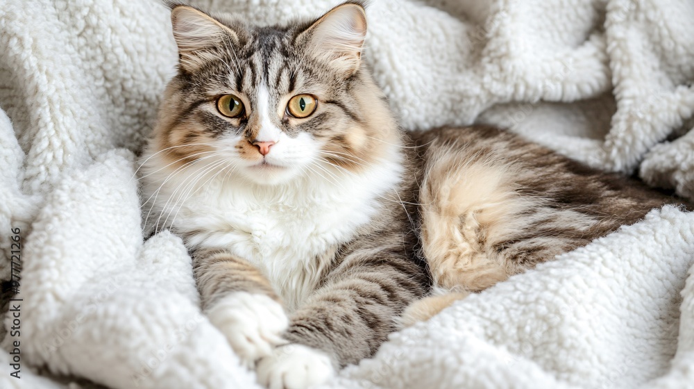 A fluffy American Wirehair cat lounging on a soft blanket with its distinct curly fur pattern, showcasing its playful personality A fluffy American Wirehair cat lounging on a soft blanket with its distinct curly fur pattern, showcasing its playful personality