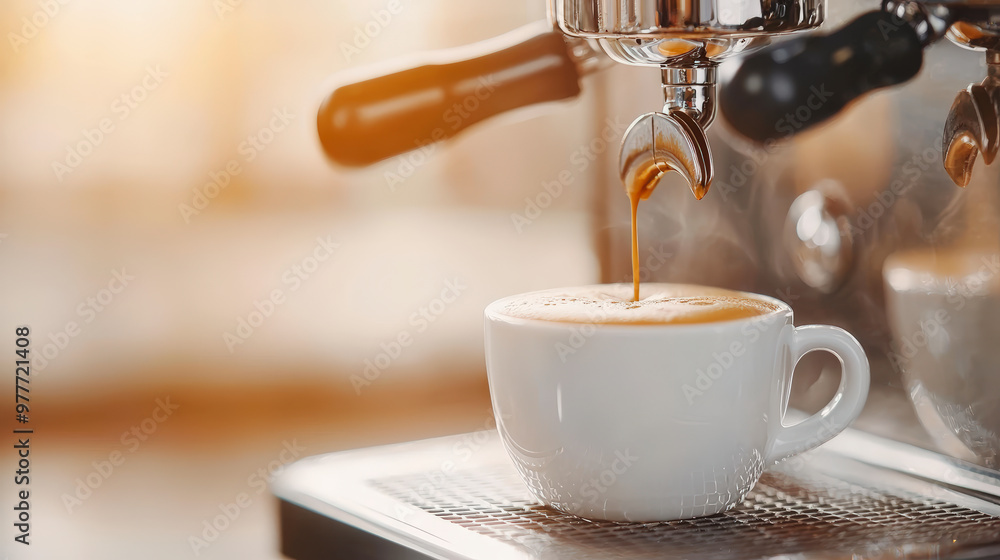 A fresh espresso shot being poured from a shiny coffee machine into a white ceramic cup, creating a smooth and rich beverage. A fresh espresso shot being poured from a shiny coffee machine into a white ceramic cup, creating a smooth and rich beverage.