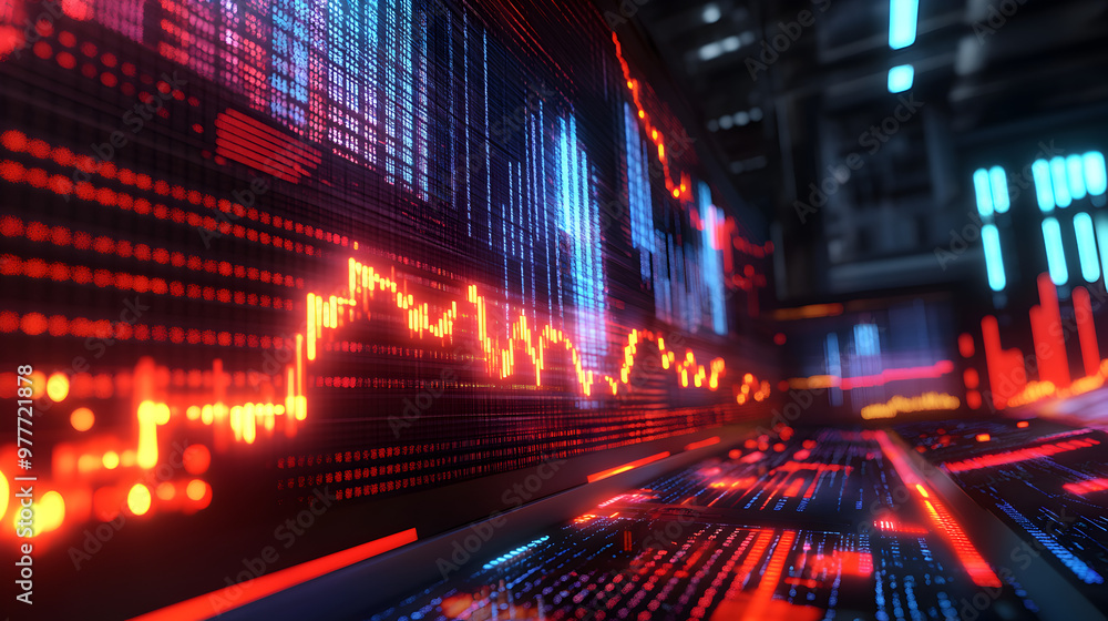 3D model of a volatile stock market with rapidly changing indicators in a virtual trading room.
3D model of a volatile stock market with rapidly changing indicators in a virtual trading room.