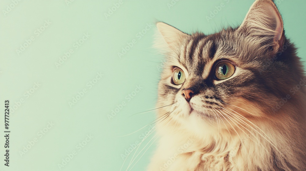A close-up portrait of an Asian Semi-Longhair cat, highlighting its expressive face and intricate fur patterns against a light solid color background A close-up portrait of an Asian Semi-Longhair cat, highlighting its expressive face and intricate fur patterns against a light solid color background