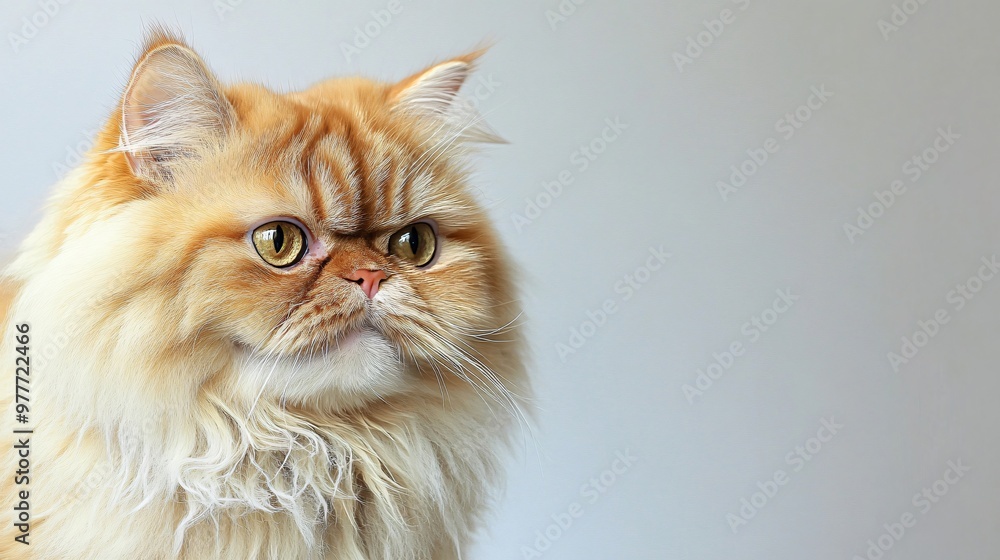 A close-up portrait of an Asian Semi-Longhair cat, highlighting its expressive face and intricate fur patterns against a light solid color background