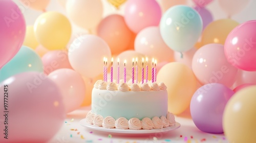 birthday party balloons, colourful balloons background and birthday cake with candles.