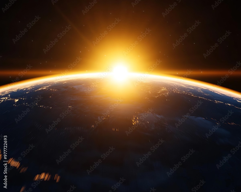 Obraz premium A breathtaking view of the sunrise over the earth, highlighting the contrast of light against the curvature of the planet.
