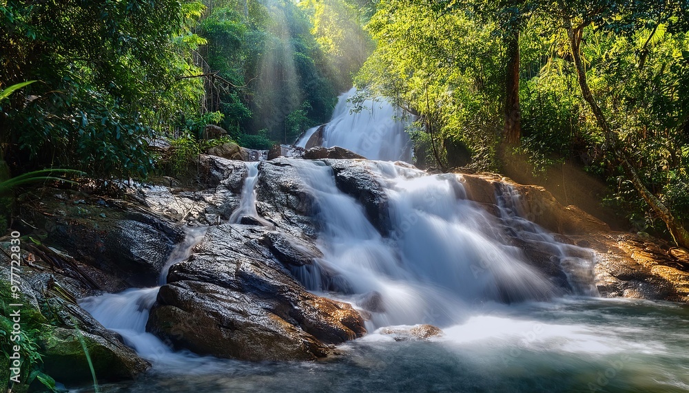 Obraz premium Lush Rainforest Waterfall with Sunlight Rays