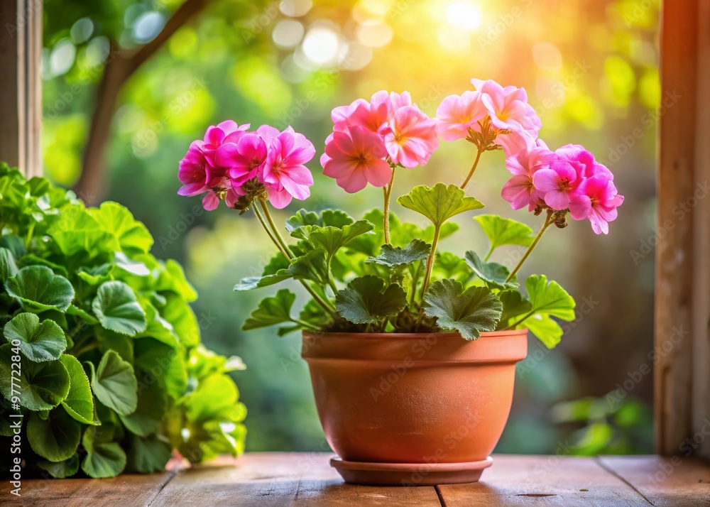 Vibrant pink geranium flowers bloom in a rustic terracotta pot on a sunny windowsill, surrounded by lush green Vibrant pink geranium flowers bloom in a rustic terracotta pot on a sunny windowsill, surrounded by lush green
