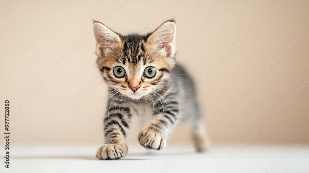 A playful Australian Mist kitten with striking green eyes, captured mid-pounce on a light solid color surface A playful Australian Mist kitten with striking green eyes, captured mid-pounce on a light solid color surface