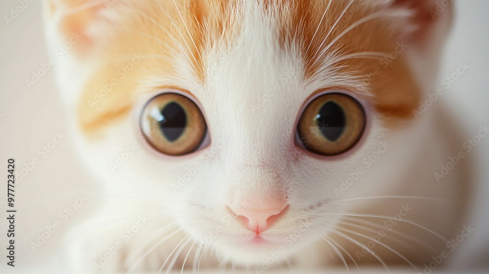 A close-up shot of a Bambino cat's face, highlighting its big eyes and tiny stature against a light solid color backdrop, creating an intimate portrait A close-up shot of a Bambino cat's face, highlighting its big eyes and tiny stature against a light solid color backdrop, creating an intimate portrait