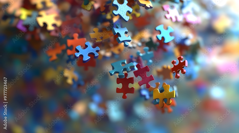 Floating Puzzle Pieces: Colorful puzzle pieces floating in mid-air, starting to connect, creating an abstract pattern that is still forming.
Floating Puzzle Pieces: Colorful puzzle pieces floating in mid-air, starting to connect, creating an abstract pattern that is still forming.