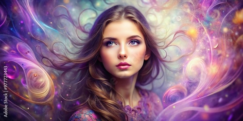 Vibrant purple and pink hues illuminate a stunning portrait of a young woman with a serene expression, surrounded