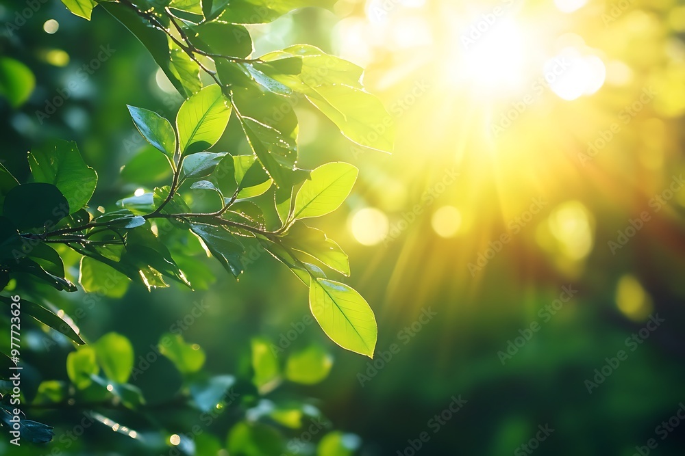 Sunlight shining through green leaves in forest background Sunlight shining through green leaves in forest background