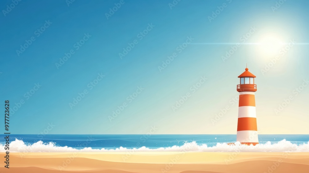 A vibrant lighthouse stands on a sandy beach under a clear blue sky, guiding ships with its bright beams of light. A vibrant lighthouse stands on a sandy beach under a clear blue sky, guiding ships with its bright beams of light.