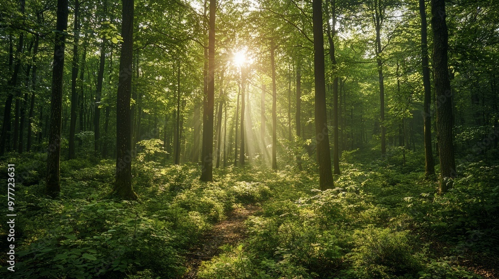 Obraz premium Sunbeams in a Lush Green Forest.