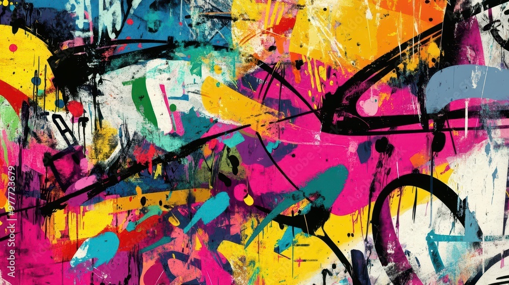 Fototapeta premium abstract graffiti poster with vibrant tags paint splatters scribbles and fragmented elements ai generated