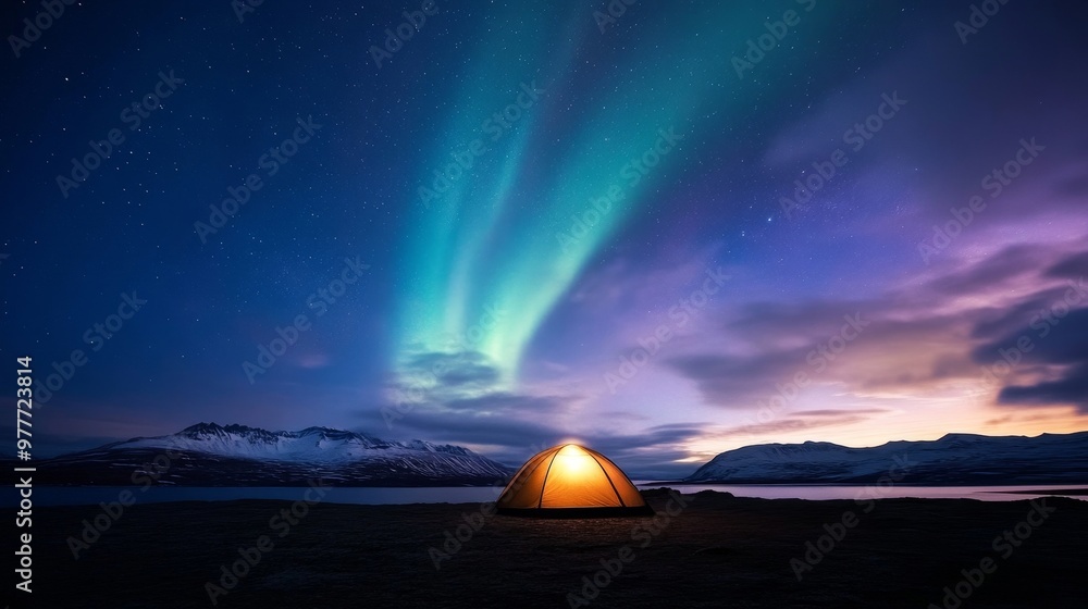 Obraz premium South Pole, aurora bright hues, peaceful polar night.