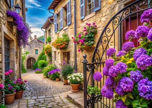 Vibrant purple flowers bloom in a whimsical French village street scene, surrounded by ancient stone buildings and