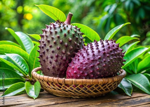 Vibrant purple Guanabana fruit, also known as Soursop, sits atop a woven basket, surrounded by lush green foliage, photo