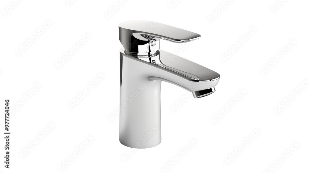 A modern, sleek chrome bathroom faucet with a single lever handle, designed for sink installation on a white background. A modern, sleek chrome bathroom faucet with a single lever handle, designed for sink installation on a white background.