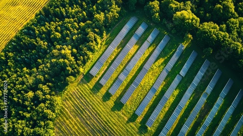 Aerial view of solar panels in a field.