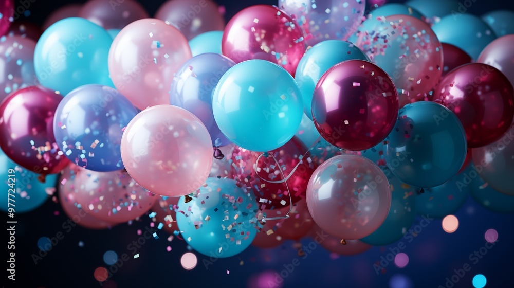 Blue, Violet and Turquoise Balloons Rising in the Air. Modern, Celebration Wallpaper. Blue, Violet and Turquoise Balloons Rising in the Air. Modern, Celebration Wallpaper.