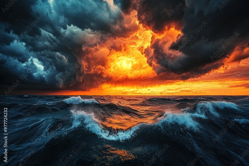 Fototapeta premium A stormy ocean with a bright orange sun in the sky